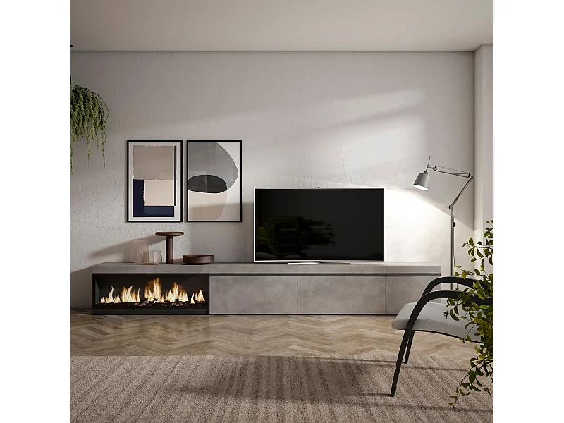 Meuble TV, Banc Télé, 317x35x45 cm, Cheminée électrique XXL, Ciment