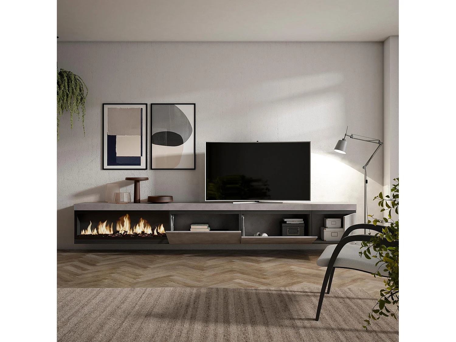 Meuble TV, Banc Télé, 317x35x45 cm, Cheminée électrique XXL, Suspendu, Mural, Ciment