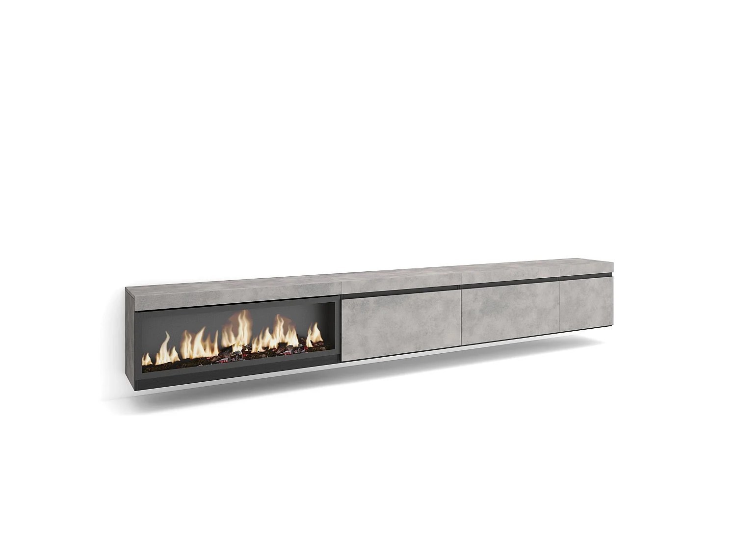 TV-Meubel, Lowboard, 317x35x45cm, Elektrische haard XXL, Hangend, Cement
