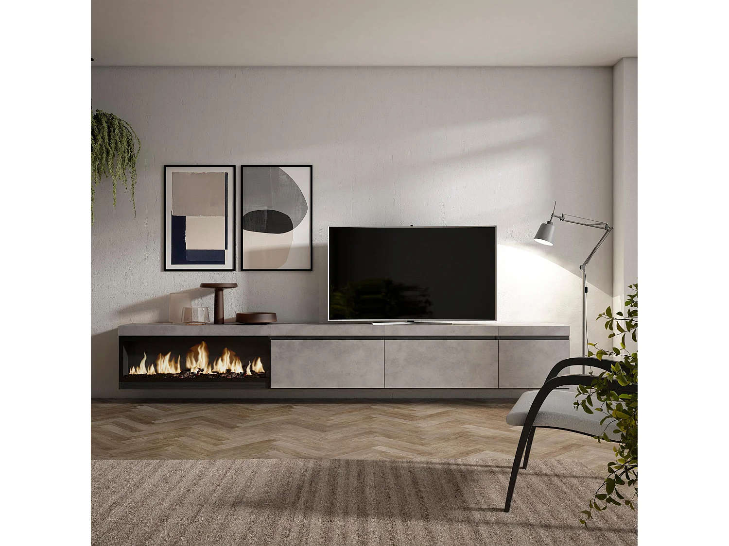 TV-Meubel, Lowboard, 317x35x45cm, Elektrische haard XXL, Hangend, Cement