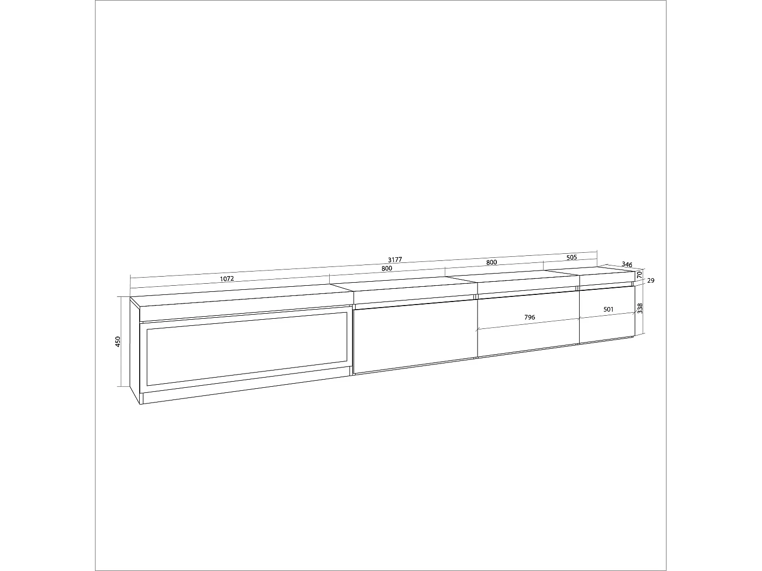 TV-Meubel, Lowboard, 317x35x45cm, Elektrische haard XXL, Hangend, Cement