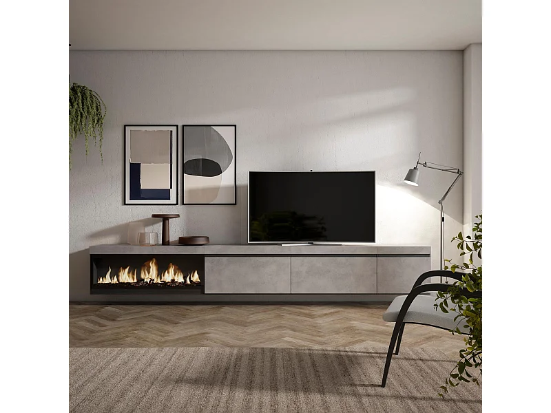 Meuble TV, Banc Télé, 317x35x45 cm, Cheminée électrique XXL, Suspendu, Mural, Ciment