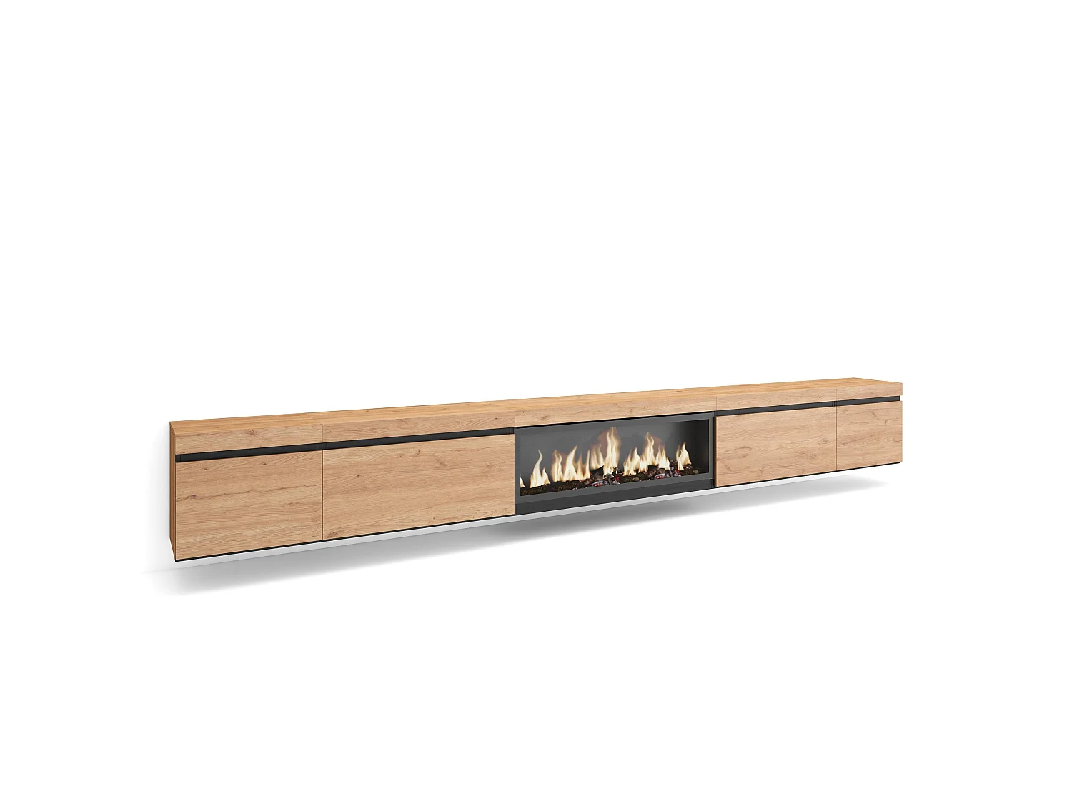Meuble TV, Banc Télé, 368x35x45cm, Cheminée électrique XXL, Suspendu, Mural, Chêne