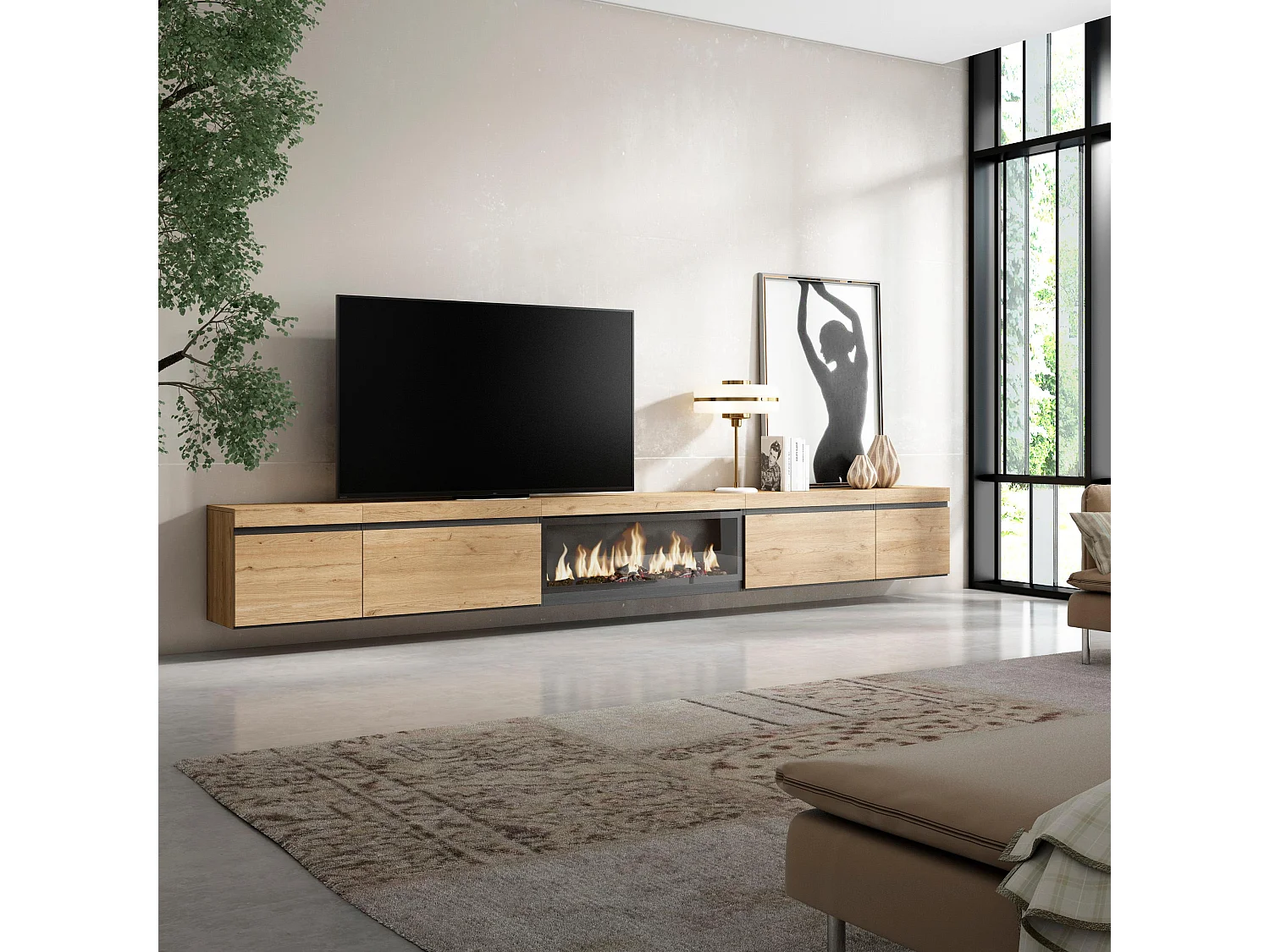 Meuble TV, Banc Télé, 368x35x45cm, Cheminée électrique XXL, Suspendu, Mural, Chêne