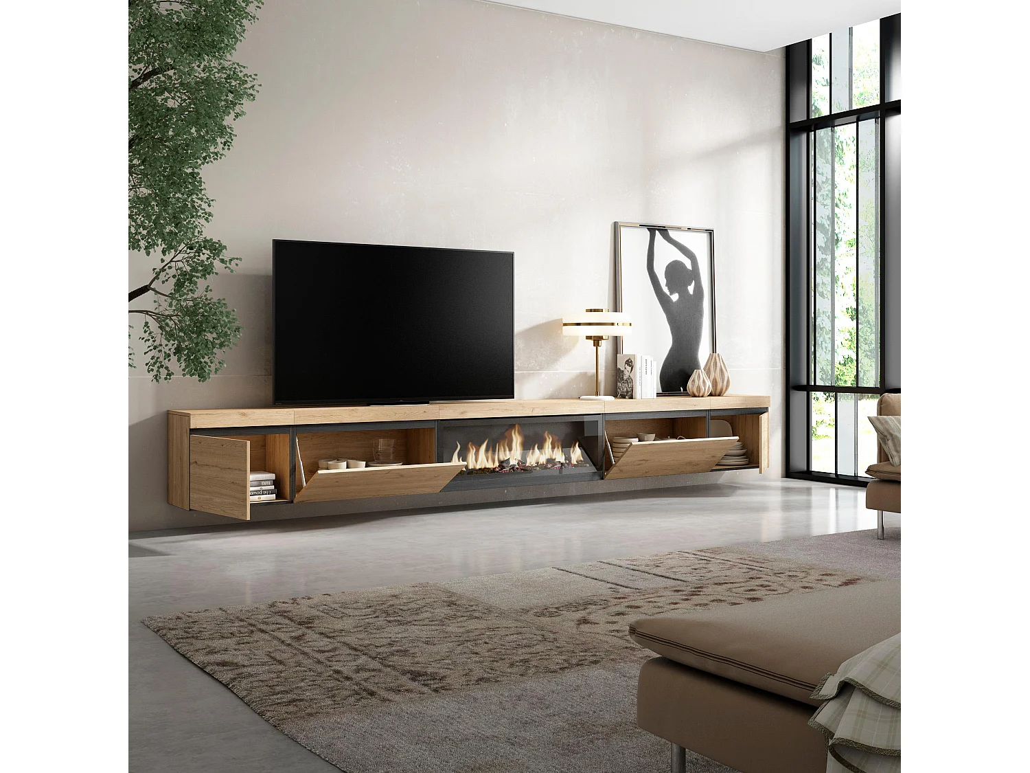 Meuble TV, Banc Télé, 368x35x45cm, Cheminée électrique XXL, Suspendu, Mural, Chêne