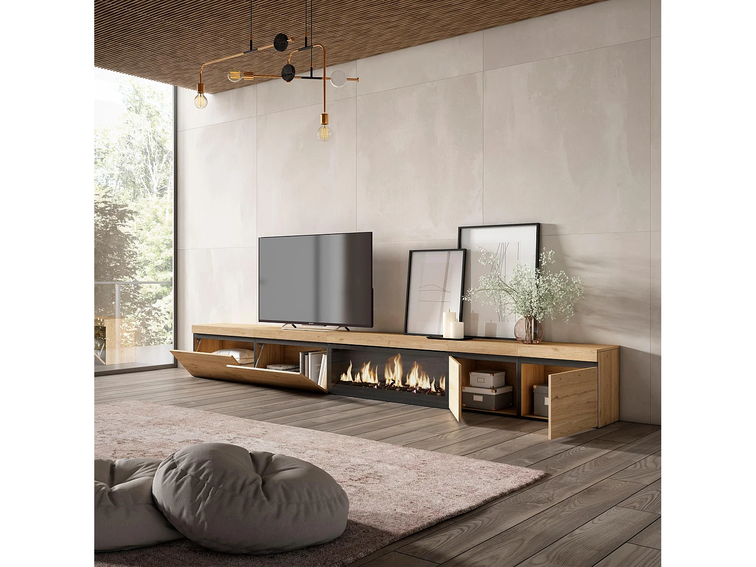 Meuble TV, Banc Télé, 368x35x45, Cheminée électrique XXL, Chêne