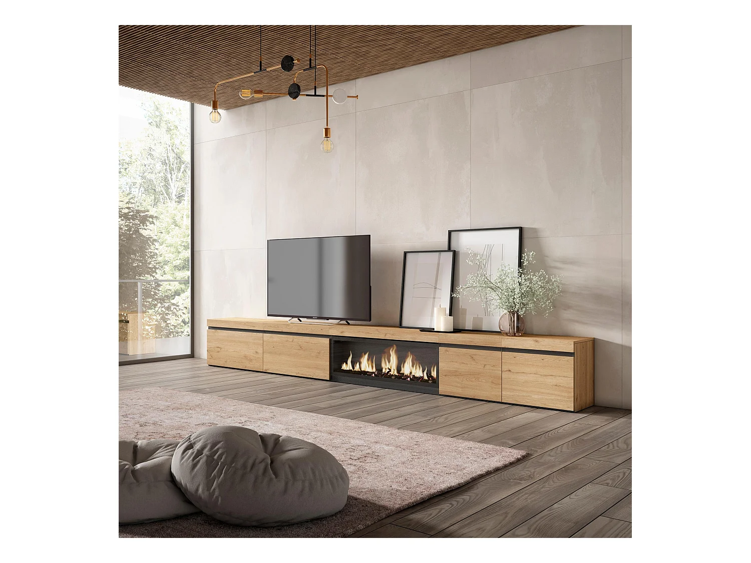 Meuble TV, Banc Télé, 368x35x45, Cheminée électrique XXL, Chêne