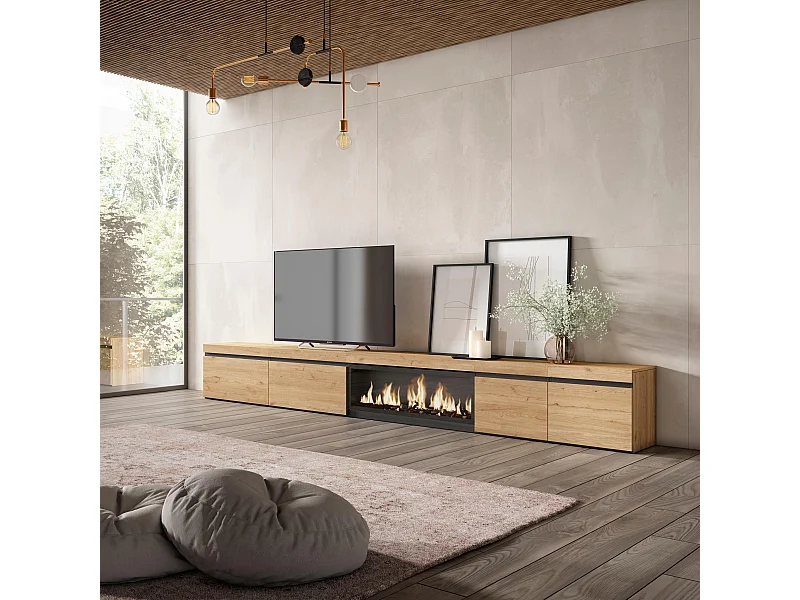 Meuble TV, Banc Télé, 368x35x45, Cheminée électrique XXL, Chêne