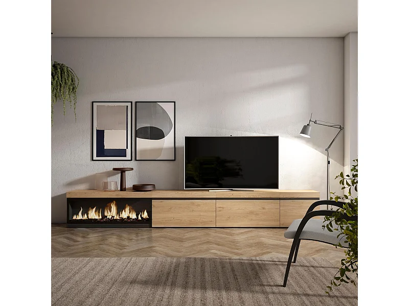 Meuble TV, Banc Télé, 317x35x45 cm, Cheminée électrique XXL, Chêne