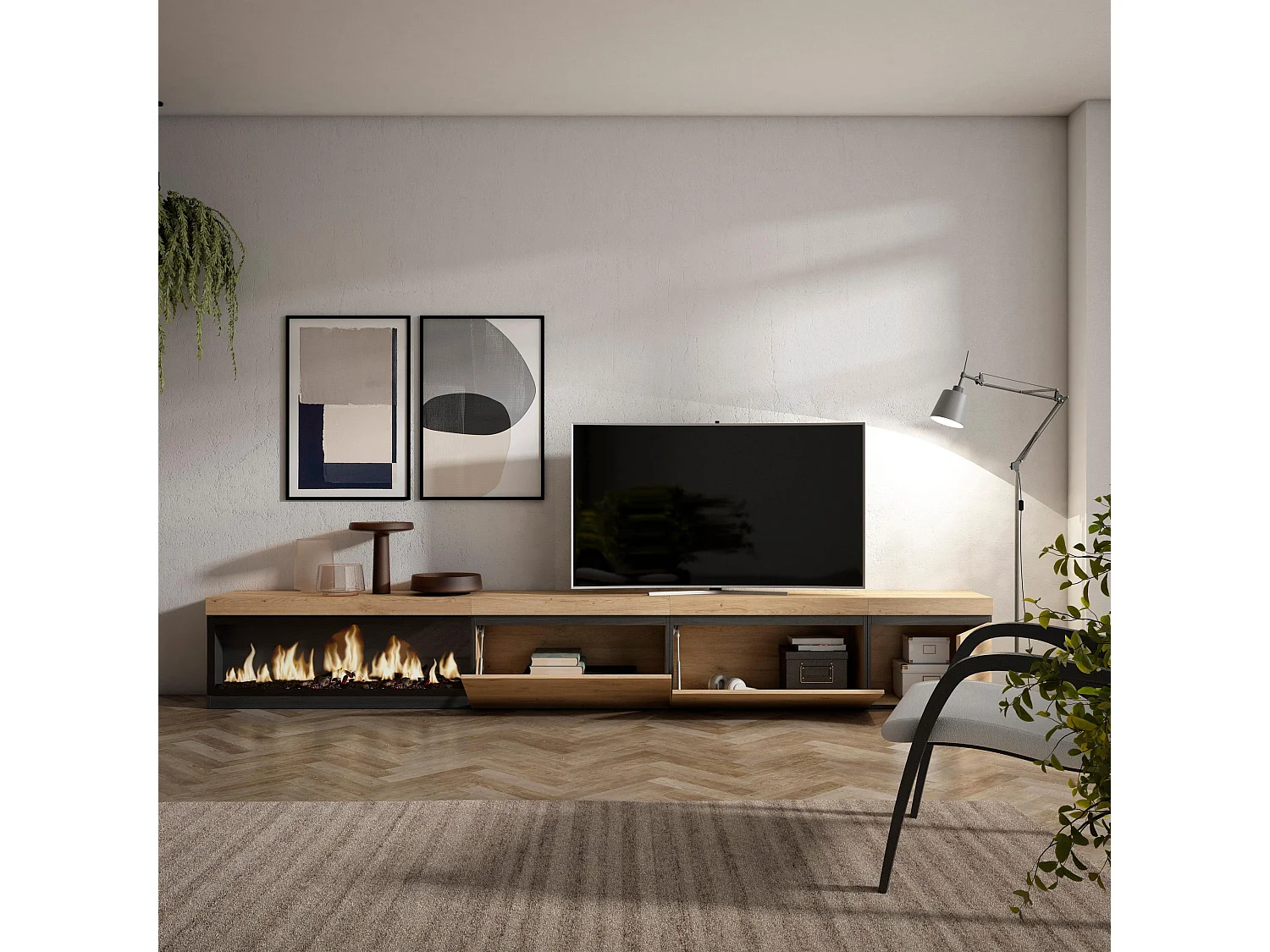 Meuble TV, Banc Télé, 317x35x45 cm, Cheminée électrique XXL, Chêne