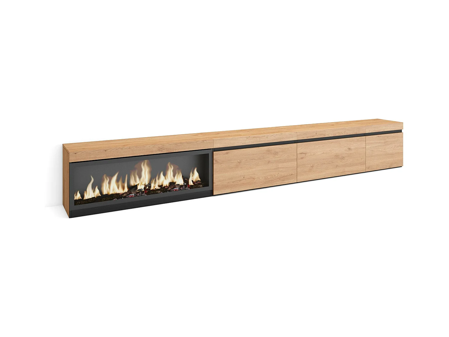 Meuble TV, Banc Télé, 317x35x45 cm, Cheminée électrique XXL, Chêne