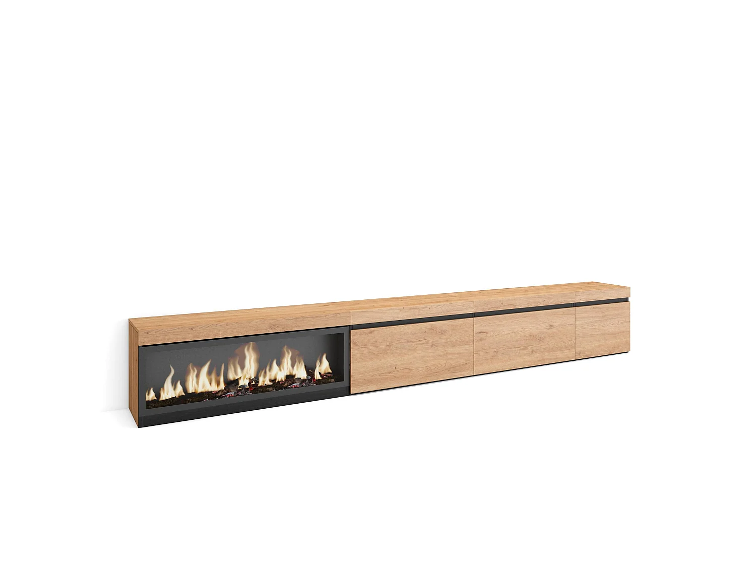 TV-Meubel, Lowboard, 317x35x45cm, Elektrische haard XXL, Eiken