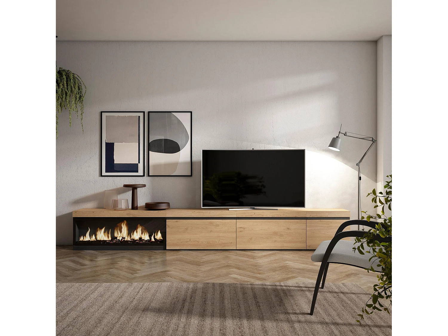 TV-Meubel, Lowboard, 317x35x45cm, Elektrische haard XXL, Eiken
