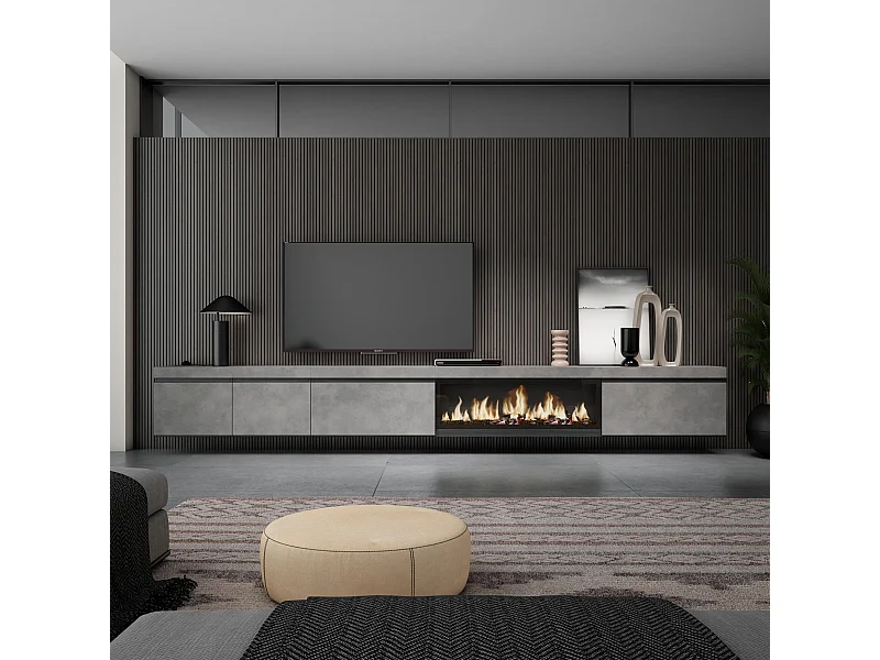 Meuble TV, Banc Télé, 368x35x45, Cheminée électrique XXL, Suspendu, Mural, Ciment