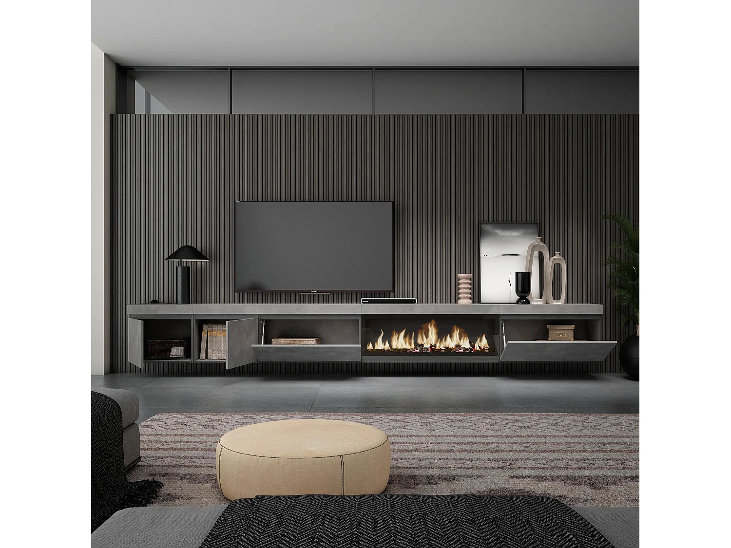 Meuble TV, Banc Télé, 368x35x45, Cheminée électrique XXL, Suspendu, Mural, Ciment