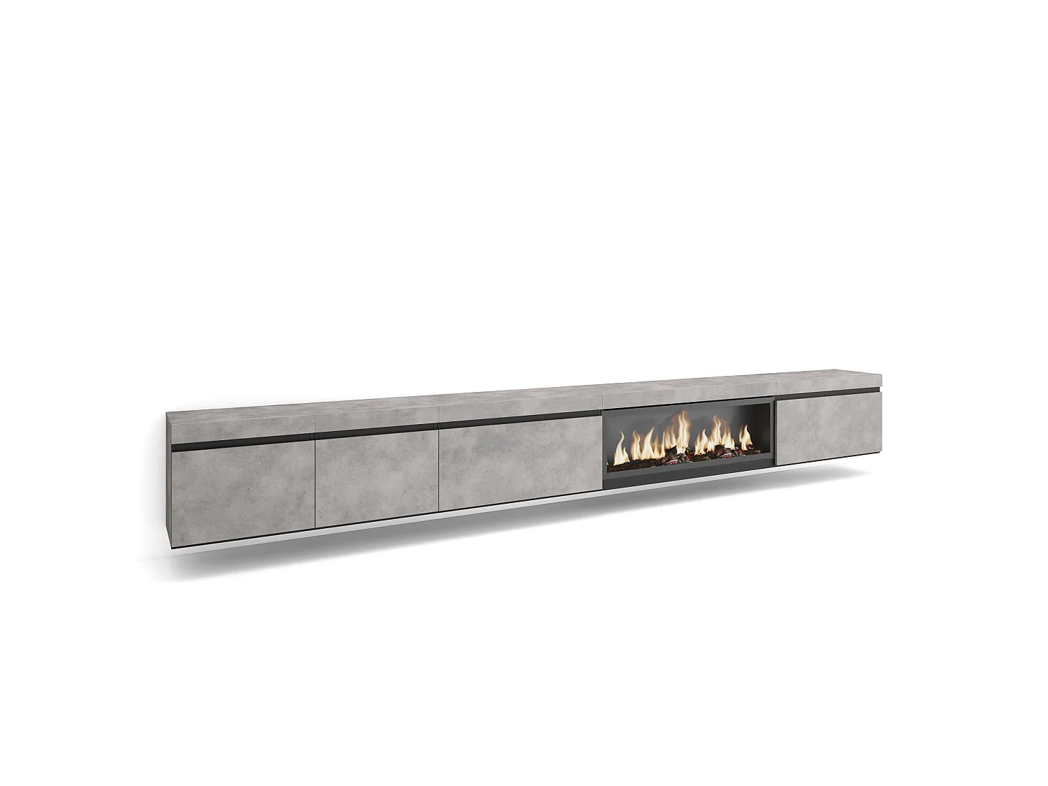 TV-Meubel, Lowboard, 368x35x45cm, Elektrische haard XXL, Hangend, Cement