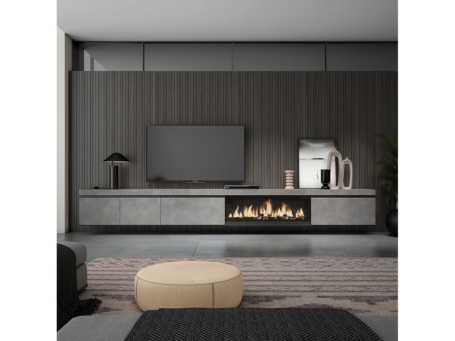 TV-Meubel, Lowboard, 368x35x45cm, Elektrische haard XXL, Hangend, Cement