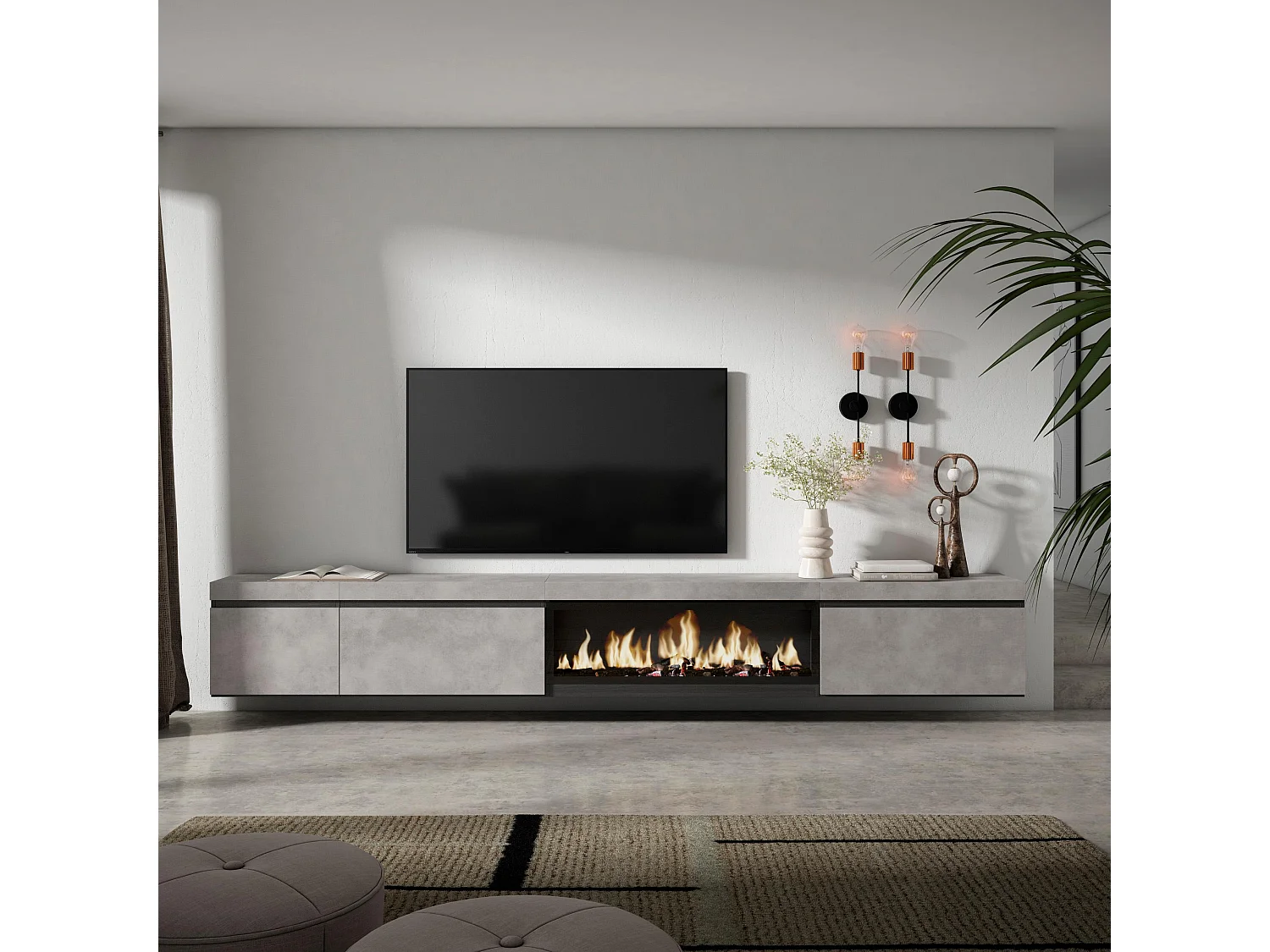 Meuble TV, Banc Télé, 317x35x45 cm, Cheminée électrique XXL, Suspendu, Mural, Ciment