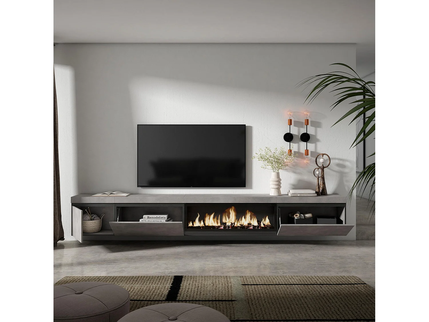 Meuble TV, Banc Télé, 317x35x45 cm, Cheminée électrique XXL, Suspendu, Mural, Ciment