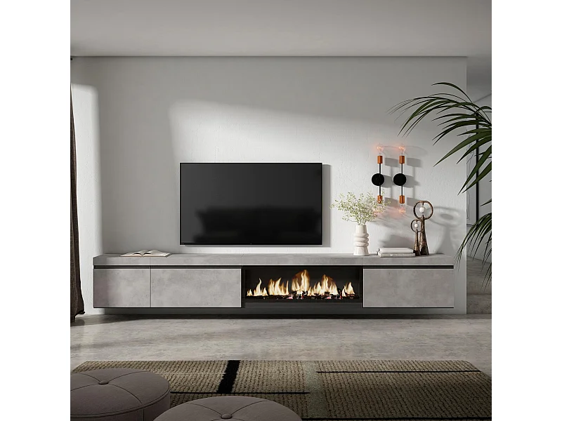 Meuble TV, Banc Télé, 317x35x45 cm, Cheminée électrique XXL, Suspendu, Mural, Ciment