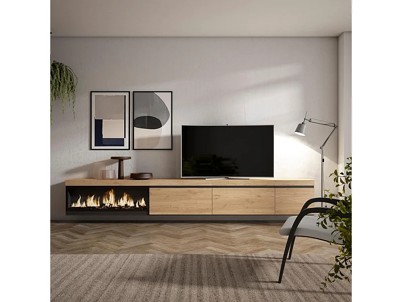Mobile TV Soggiorno, 317x35x45cm, Camino elettrico XXL, Sospeso, da appendere, Rovere
