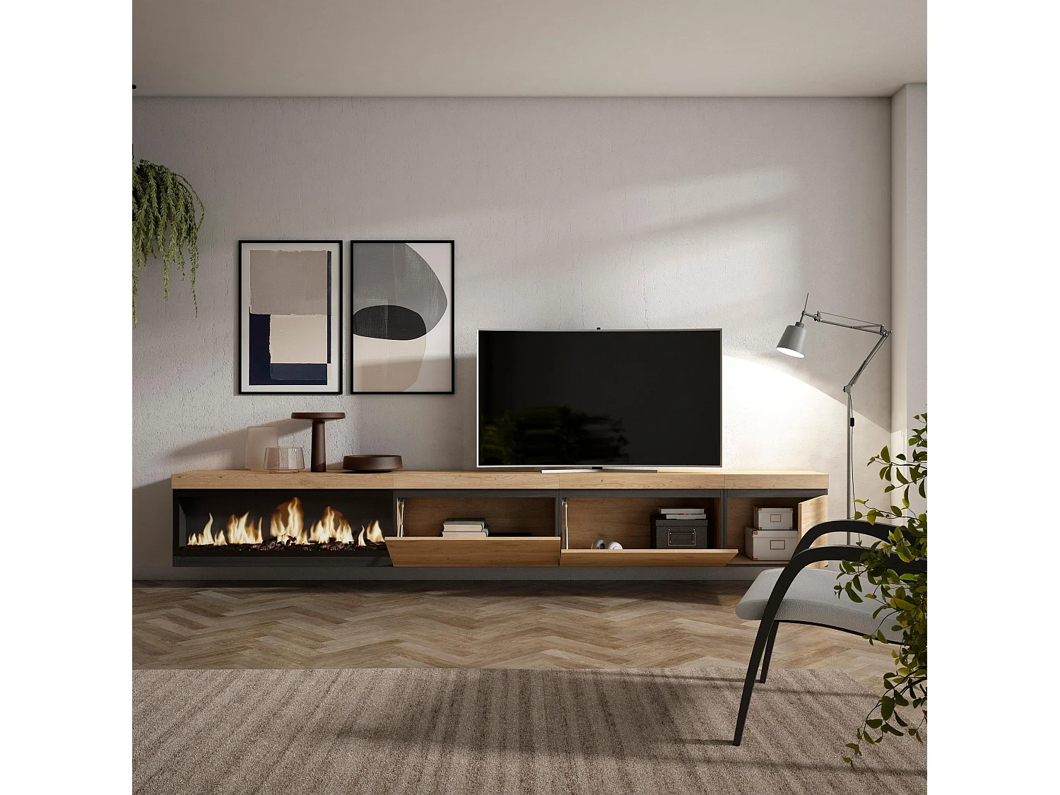 Meuble TV, Banc Télé, 317x35x45cm, Cheminée électrique XXL, Suspendu, Mural, Chêne