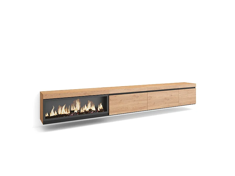 Mobile TV Soggiorno, 317x35x45cm, Camino elettrico XXL, Sospeso, da appendere, Rovere