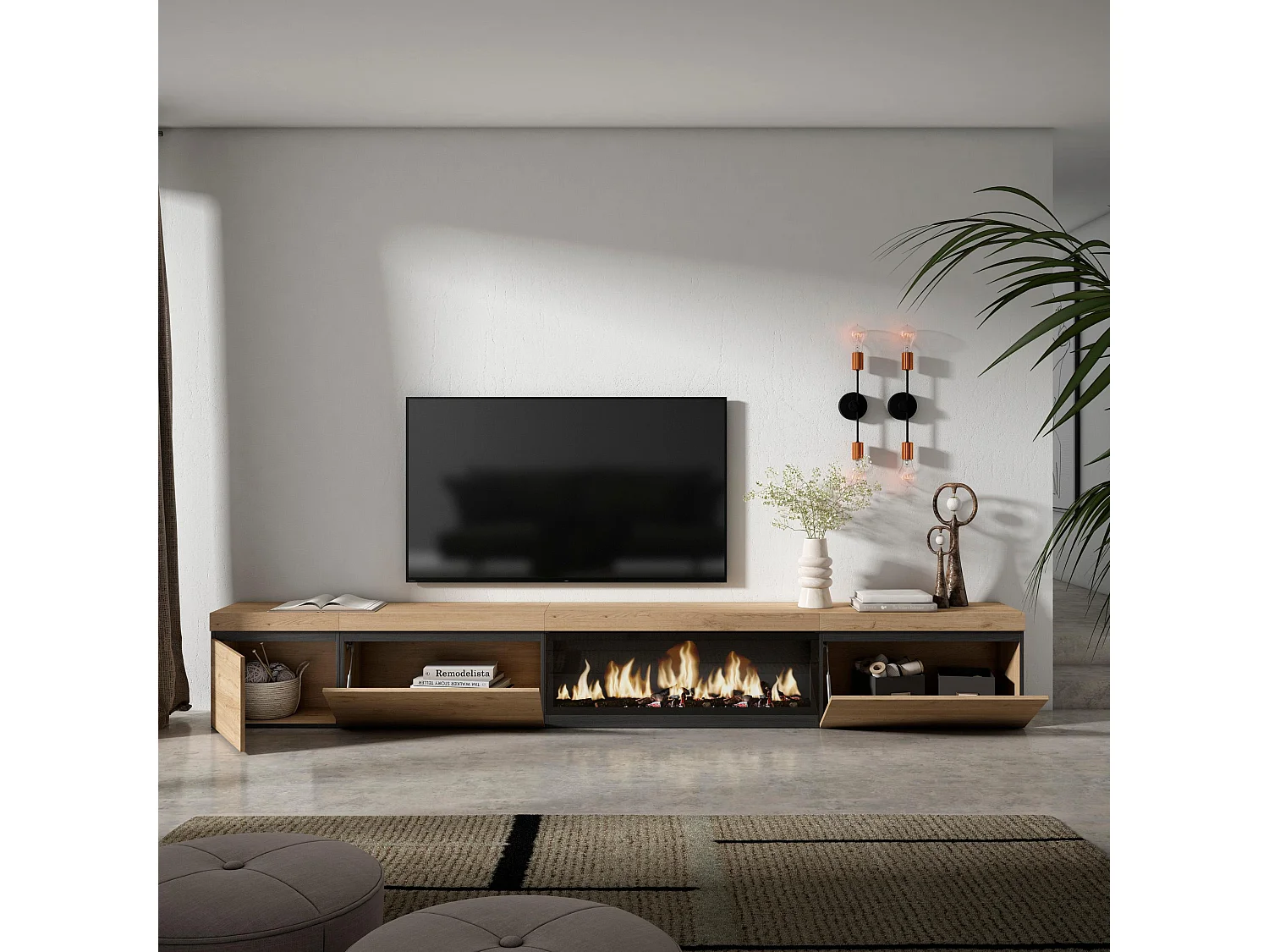 Meuble TV, Banc Télé, 317x35x45 cm, Cheminée électrique XXL, Chêne