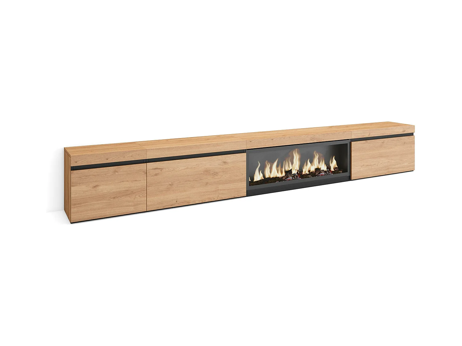 Mobile TV Soggiorno, 317x35x45cm, Camino elettrico XXL, Rovere