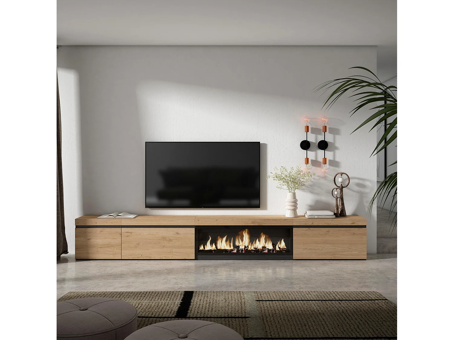 TV-Meubel, Lowboard, 317x35x45cm, Elektrische haard XXL, Eiken