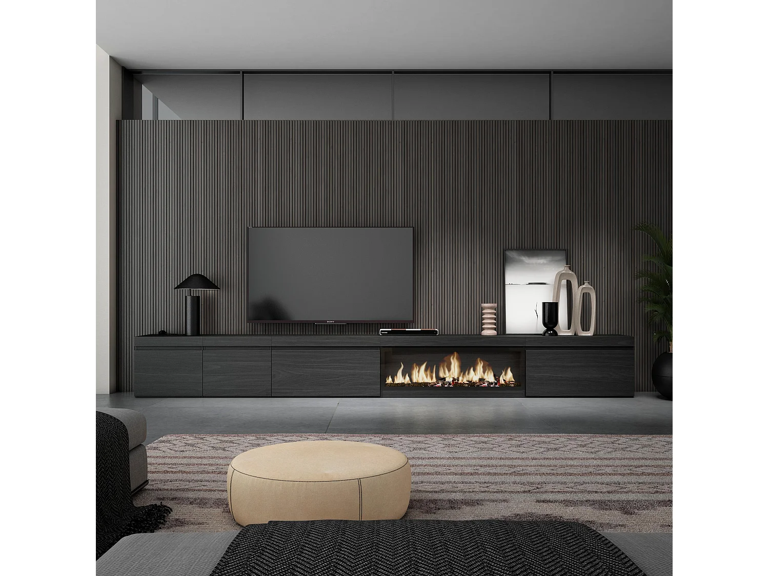 Móvel de TV, 368x35x45, Lareira eléctrica XXL, Preto