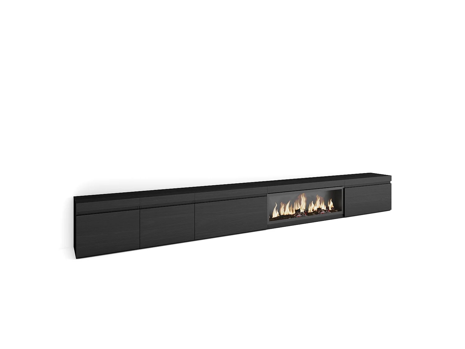 TV-Meubel, Lowboard, 368x35x45cm, Elektrische haard XXL, Zwart