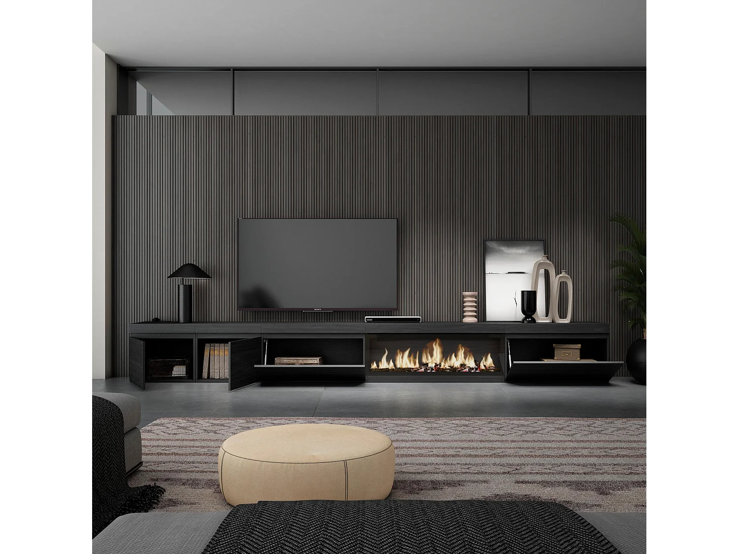 TV-Meubel, Lowboard, 368x35x45cm, Elektrische haard XXL, Zwart