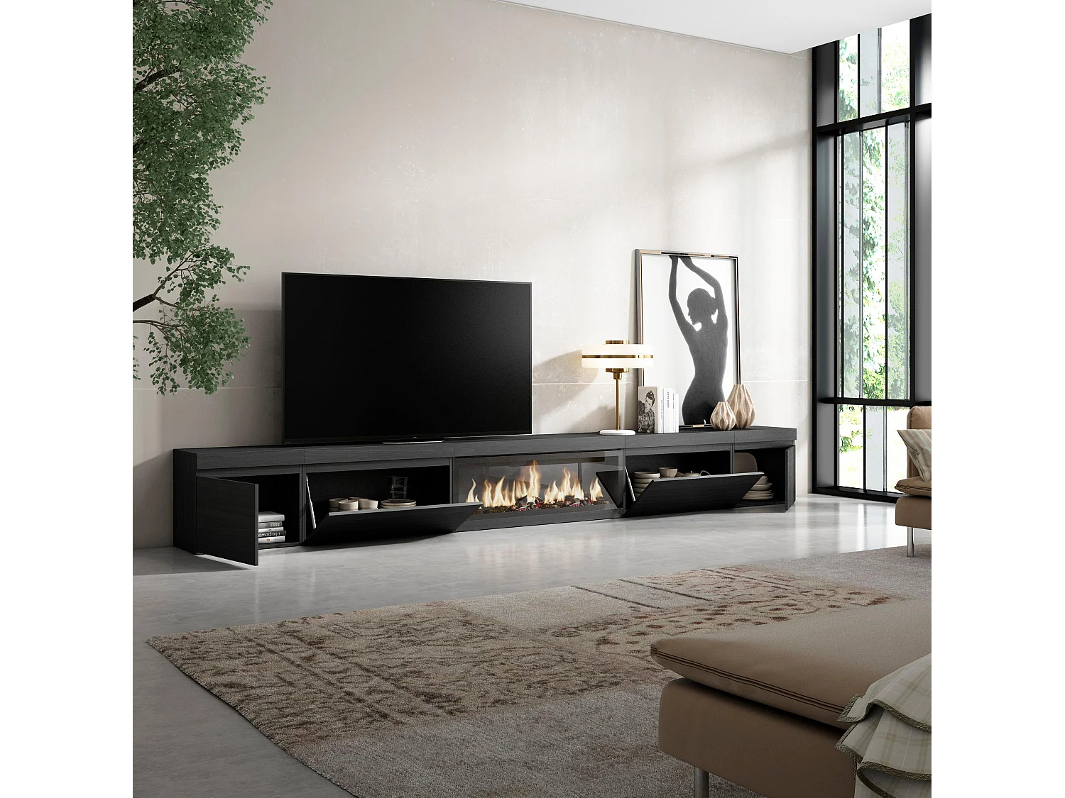 Meuble TV, Banc Télé, 368x35x45, Cheminée électrique XXL, Noir