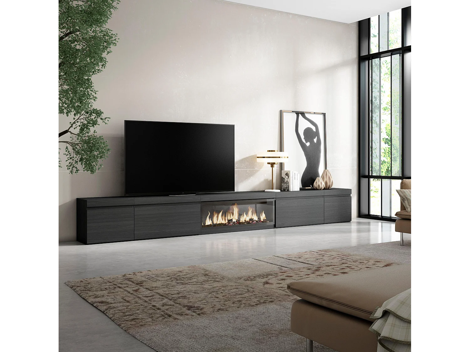 Meuble TV, Banc Télé, 368x35x45, Cheminée électrique XXL, Noir