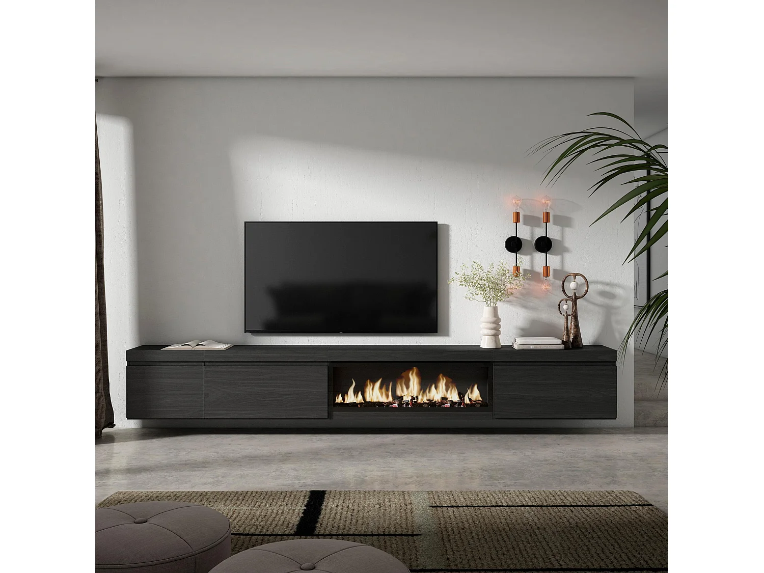 TV-Schrank, Lowboard, 317x35x45cm, Elektrokamin XXL, Hängend, Schwarz