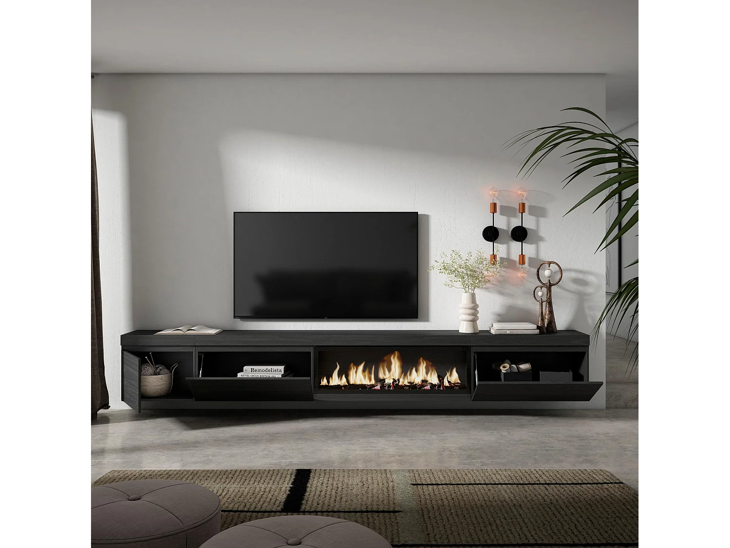 TV-Schrank, Lowboard, 317x35x45cm, Elektrokamin XXL, Hängend, Schwarz