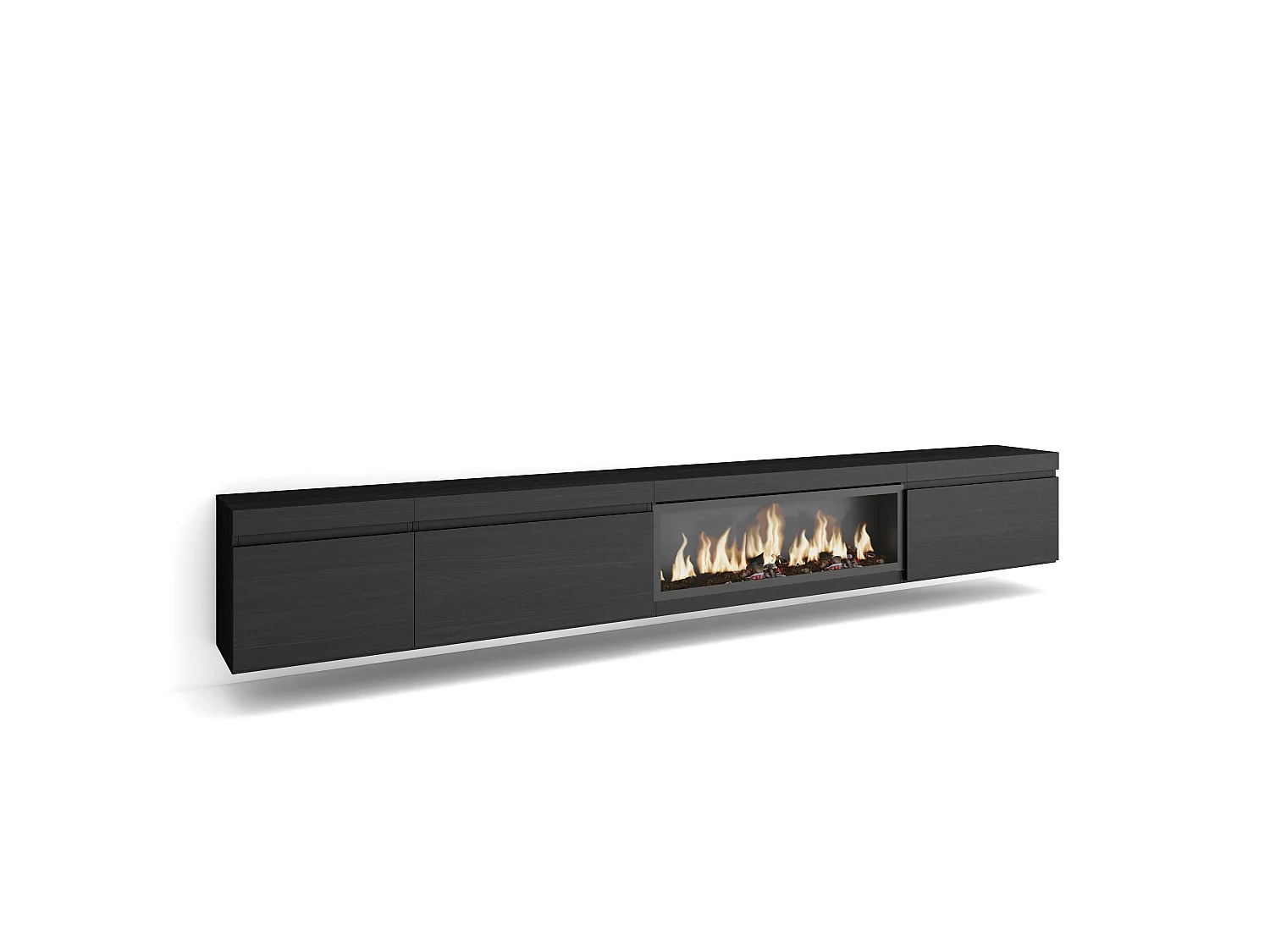 TV-Meubel, Lowboard, 317x35x45cm, Elektrische haard XXL, Hangend, Zwart