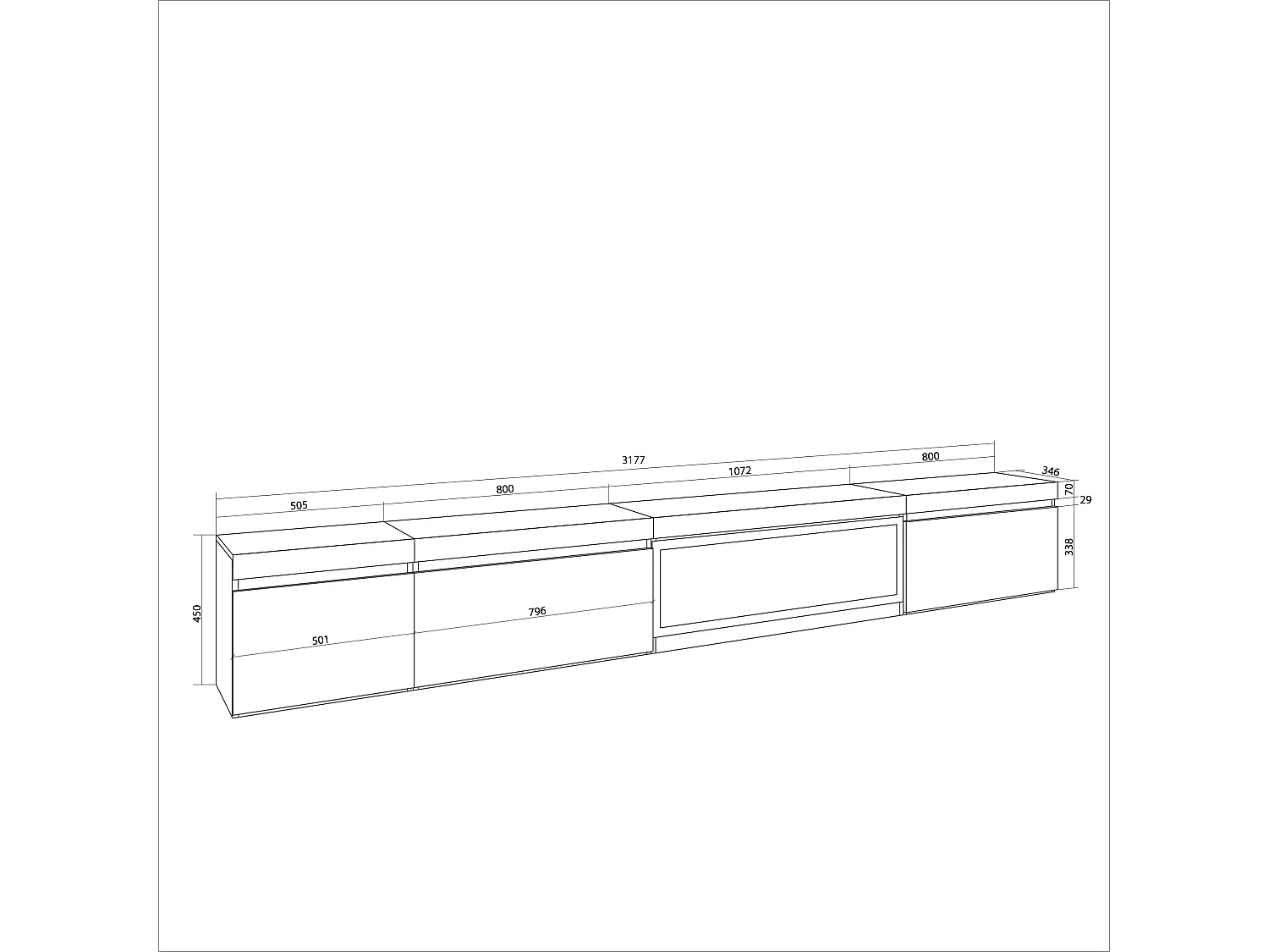 TV-Meubel, Lowboard, 317x35x45cm, Elektrische haard XXL, Hangend, Zwart