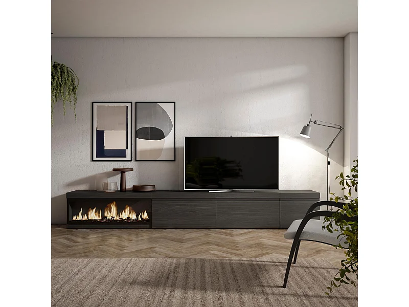 Mobile TV Soggiorno, 317x35x45cm, Camino elettrico XXL, Nero