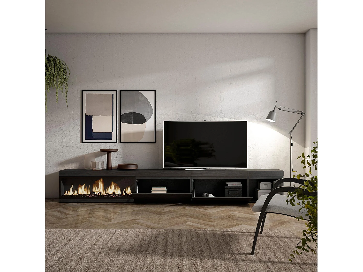 Móvel de TV, 317x35x45cm, Lareira eléctrica XXL, Preto