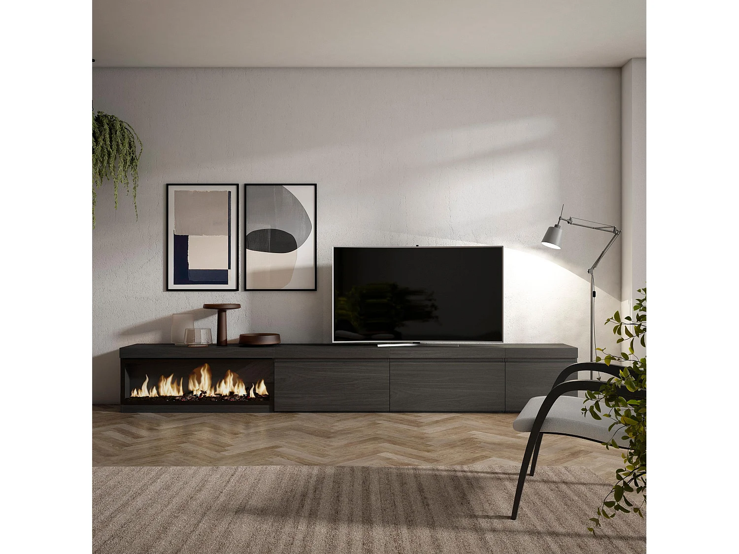 TV-Meubel, Lowboard, 317x35x45cm, Elektrische haard XXL, Zwart