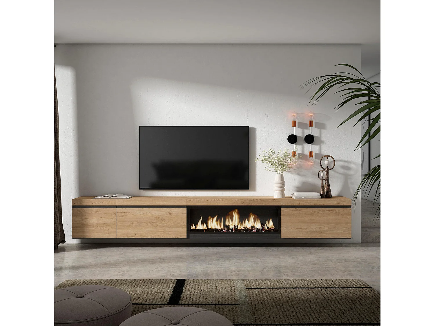 TV-Meubel, Lowboard, 317x35x45cm, Elektrische haard XXL, Hangend, Eiken