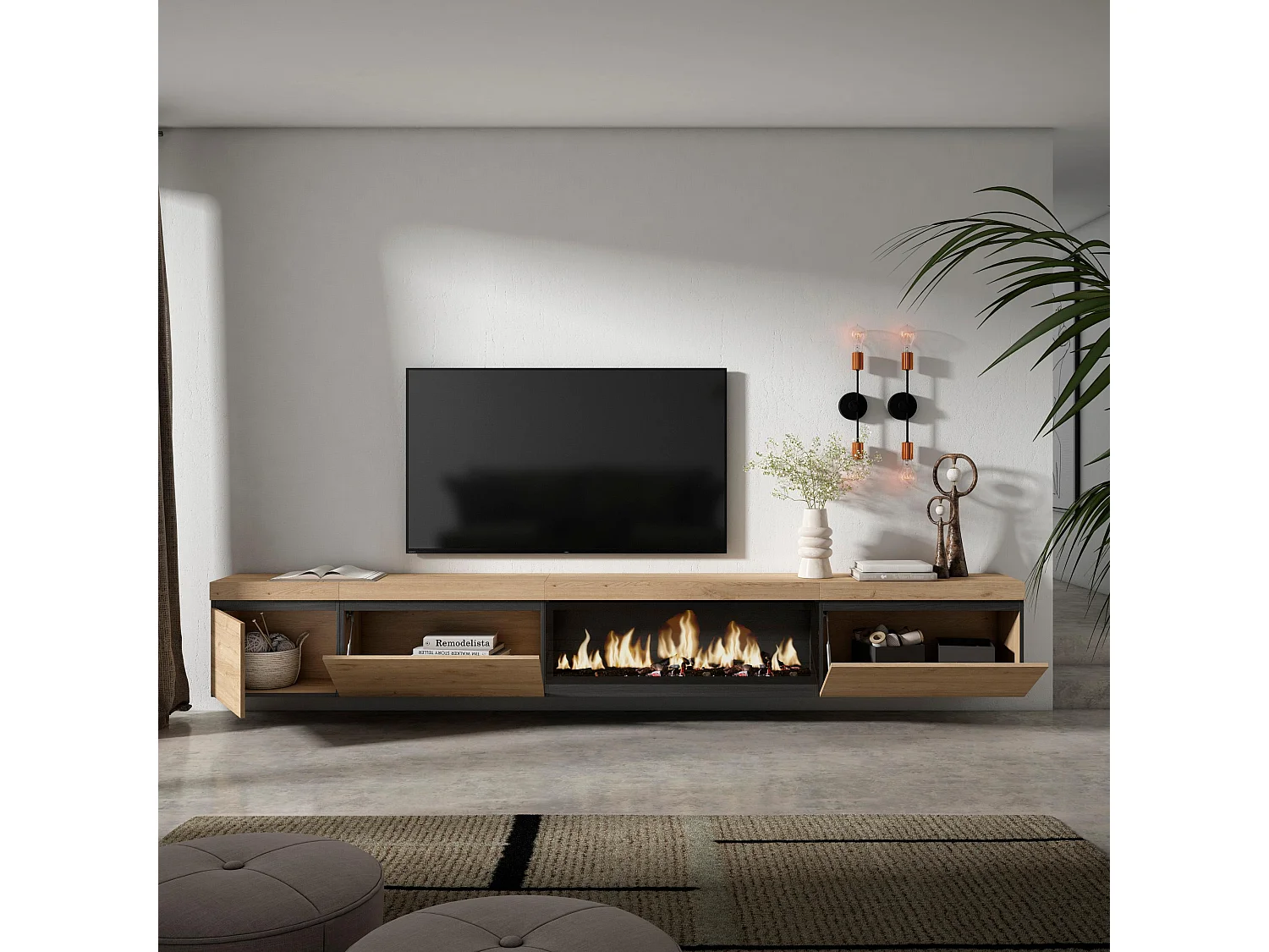 TV-Meubel, Lowboard, 317x35x45cm, Elektrische haard XXL, Hangend, Eiken