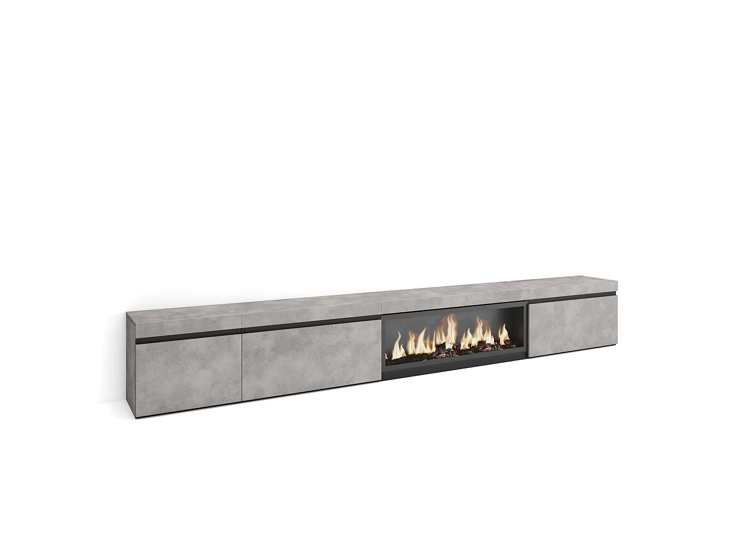 Meuble TV, Banc Télé, 317x35x45cm, Cheminée électrique XXL, Ciment
