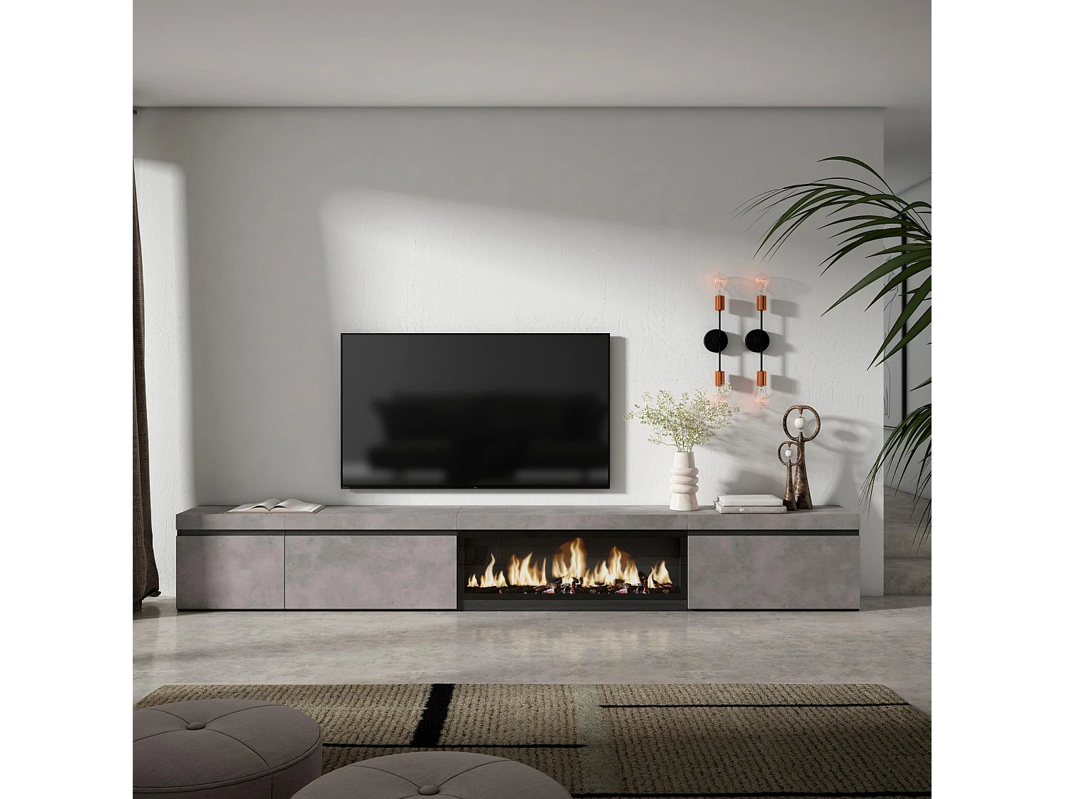 Meuble TV, Banc Télé, 317x35x45cm, Cheminée électrique XXL, Ciment