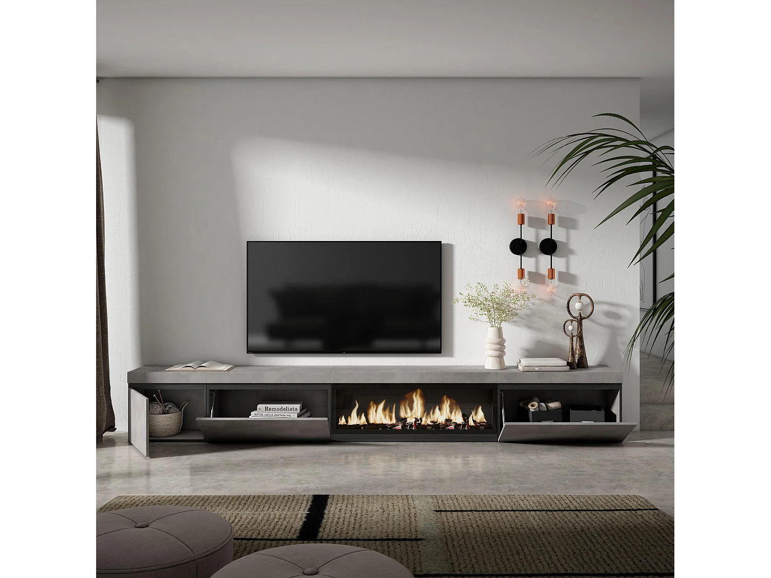 Meuble TV, Banc Télé, 317x35x45cm, Cheminée électrique XXL, Ciment