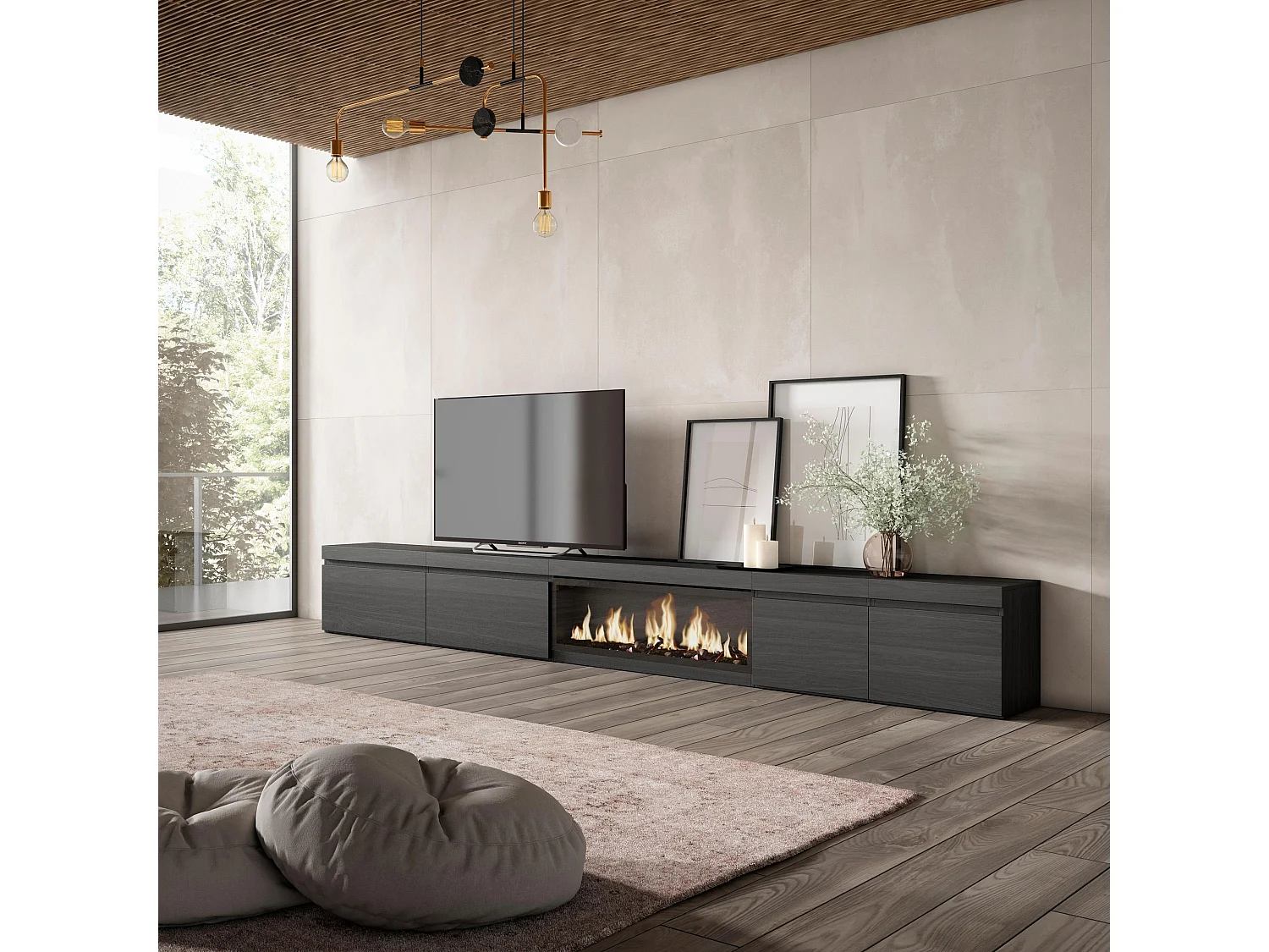 TV-Schrank, Lowboard, 368x35x45cm, Elektrokamin XXL, Schwarz