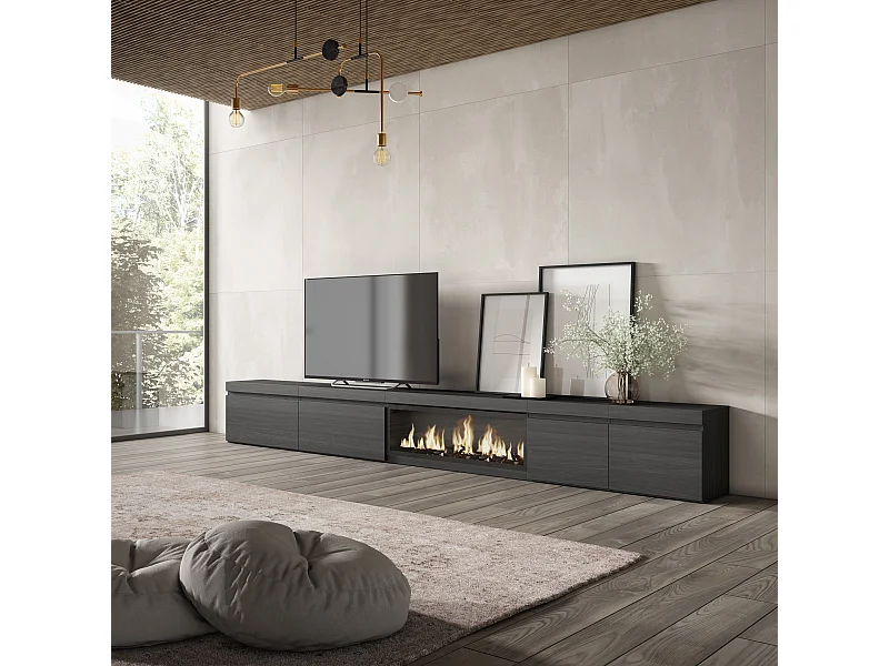 Meuble TV, Banc Télé, 368x35x45, Cheminée électrique XXL, Noir