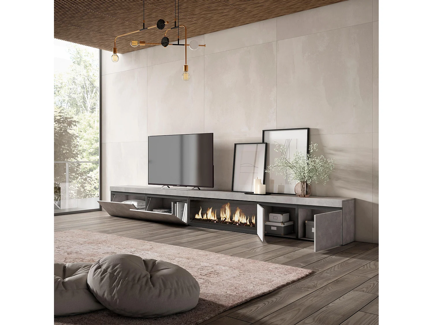 Meuble TV, Banc Télé, 368x35x45, Cheminée électrique XXL, Ciment